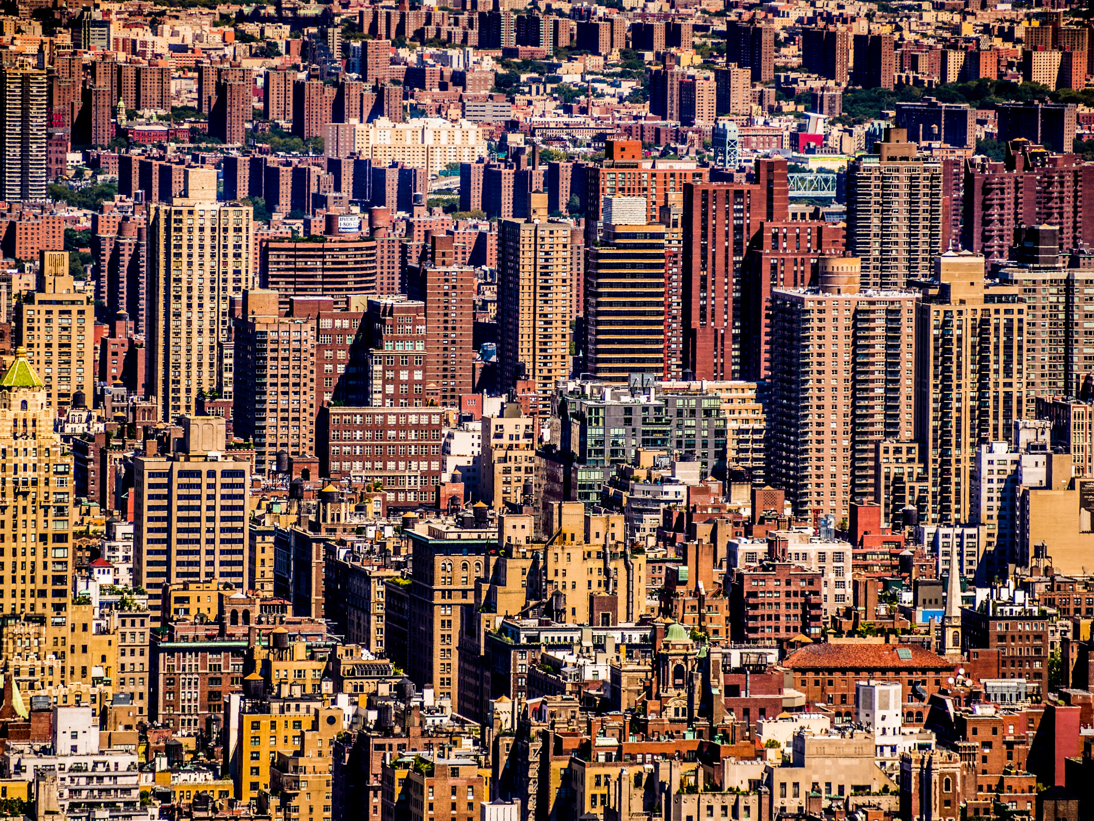 Cityscape buildings with compressed perspective.