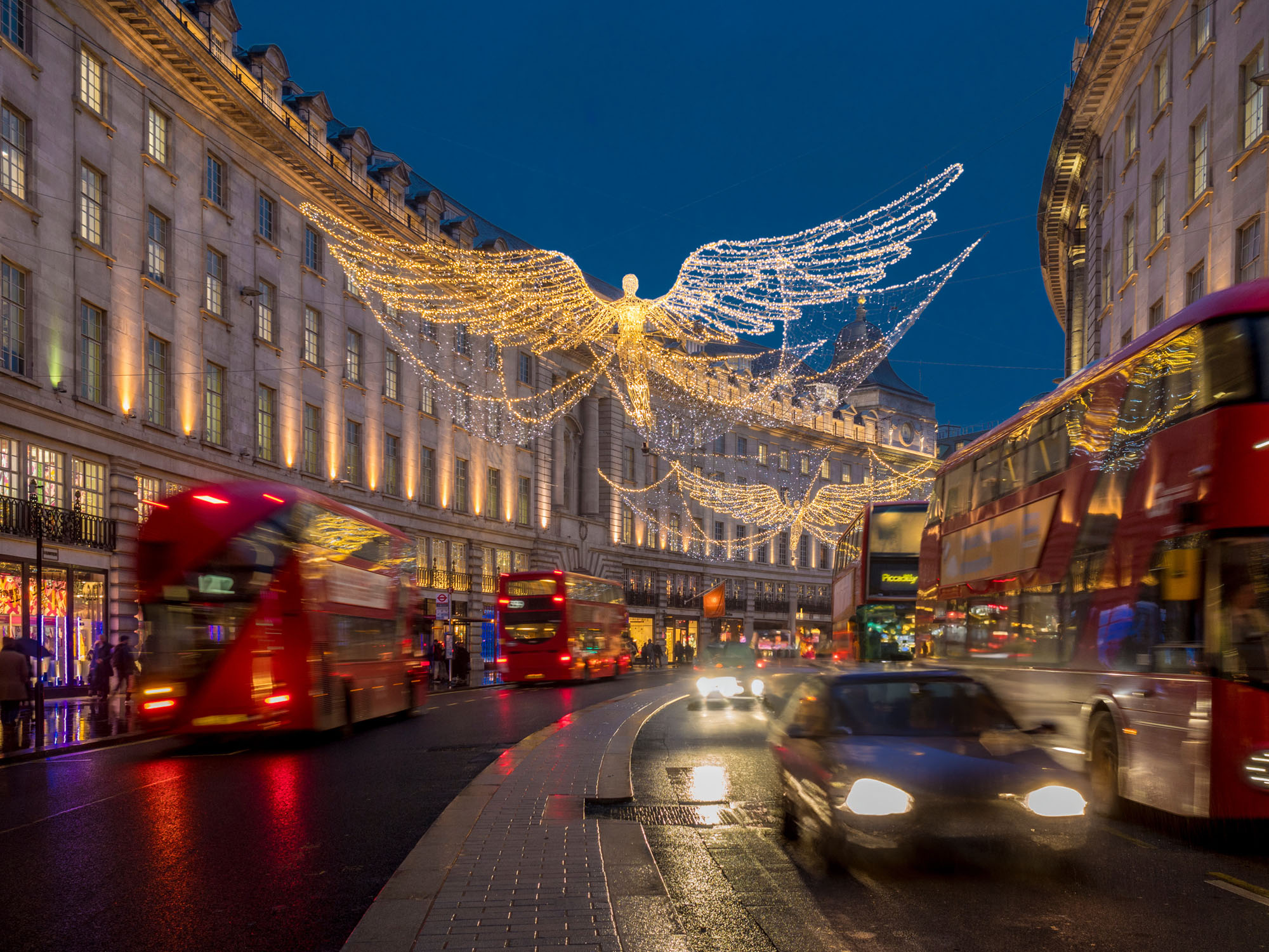 Christmas lights in Regent Street at blue hour.
