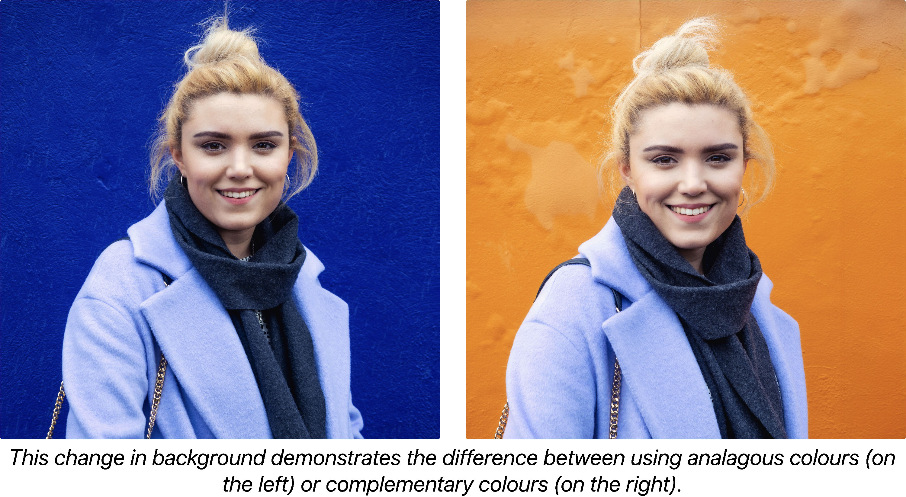 Demonstrating the difference between using analagous colours (on the left) or complementary colours (on the right).