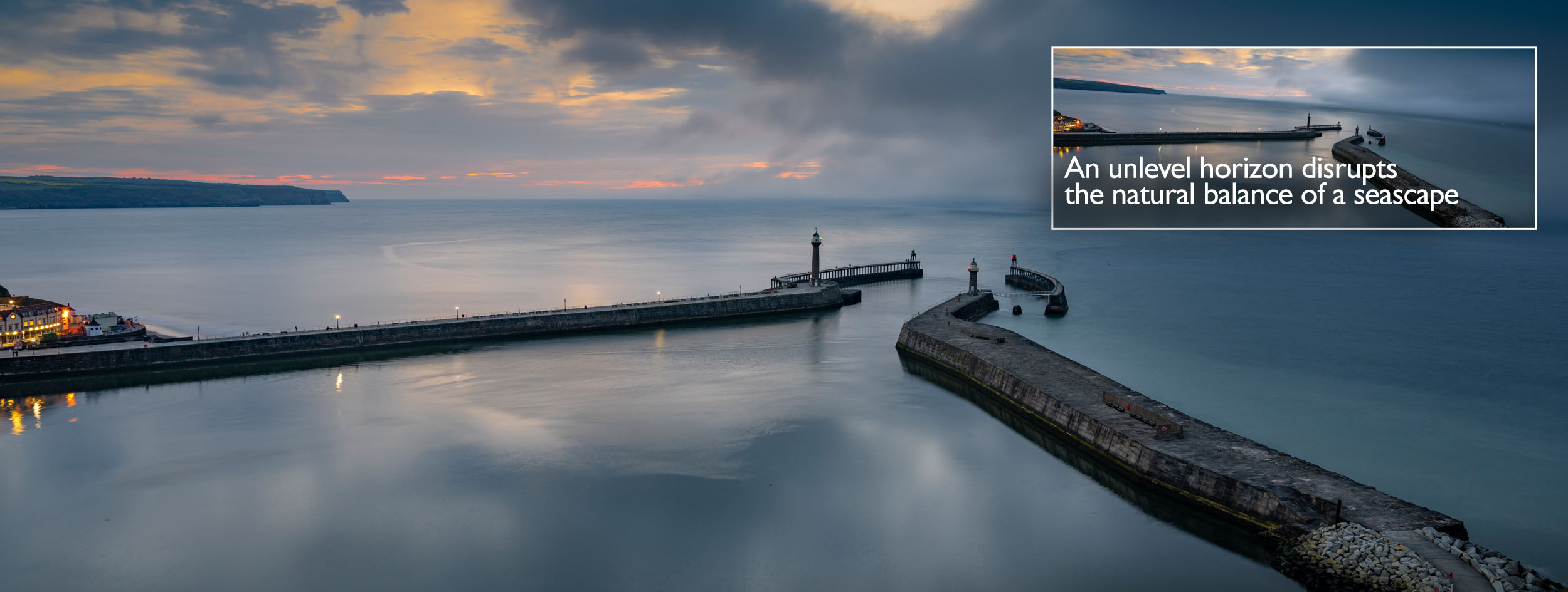 An un-level horizon disrupts the natural balance of a seascape.